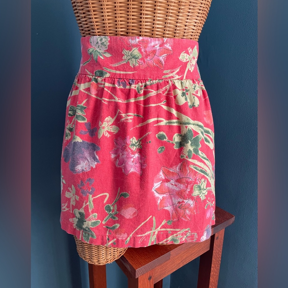 Old Navy Linen Blend Mini Skirt Coral Floral Pattern Stretch Waistband Size S